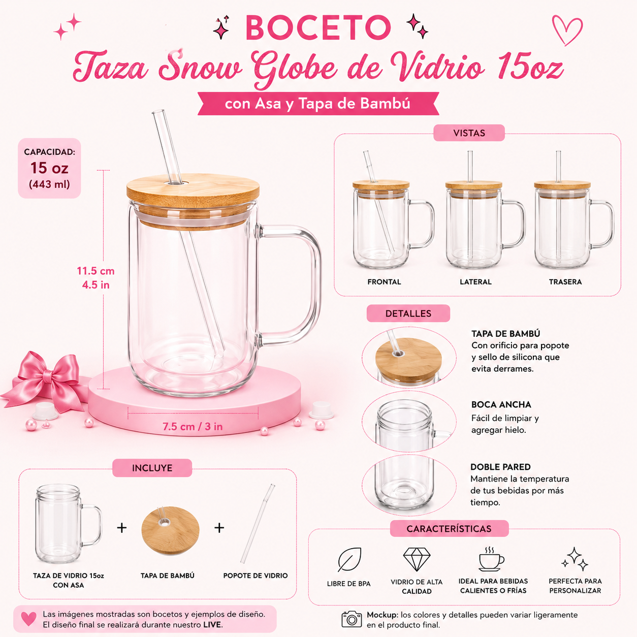 Taza Snowglobe de vidrio 15oz con asa y tapa de bambu